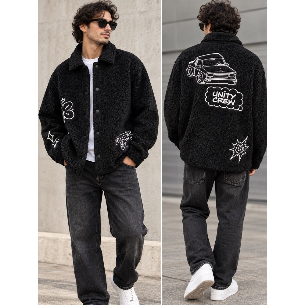 Zara Black Sherpa Fleece Unity Crew Graphic Jacket Streetwear Shacket L-XL